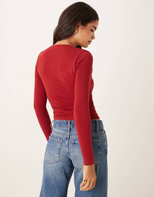 Abercrombie & Fitch long sleeve seamless ava top in burgundy, 3 of 4