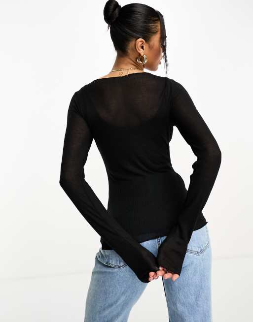 Abercrombie & Fitch long sleeve semi sheer top in black, 2 of 4