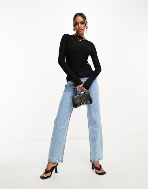Abercrombie & Fitch long sleeve semi sheer top in black, 3 of 4