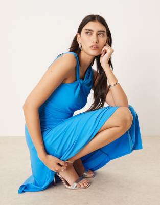 Abercrombie & Fitch Long Sleeve Slash Neck Asymmetric Hem Maxi Dress In Blue