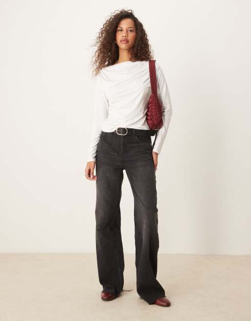 Abercrombie & Fitch long sleeve slash neck top in white, 2 of 4