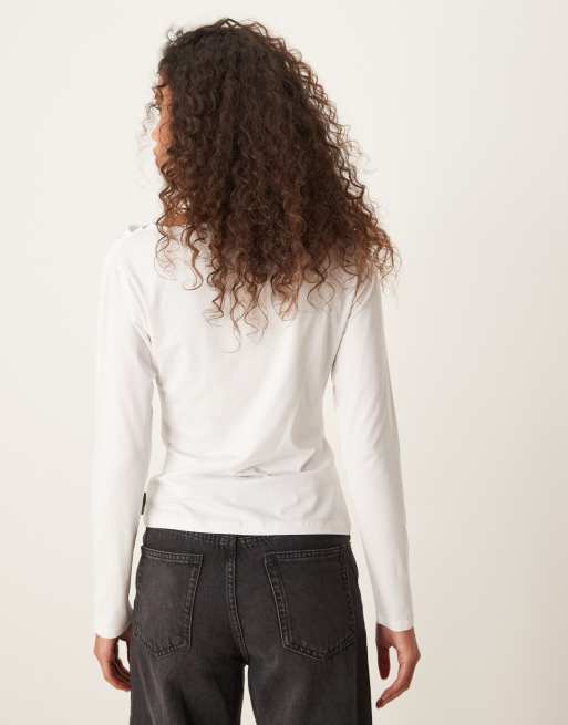 Abercrombie & Fitch long sleeve slash neck top in white, 4 of 4