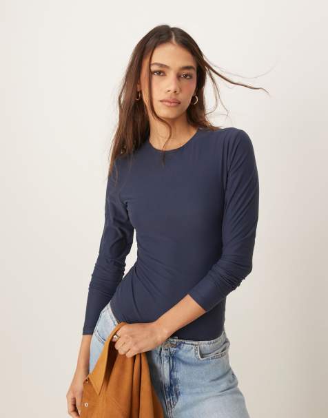 Abercrombie & Fitch long sleeve soft matte bodysuit in navy - view 1