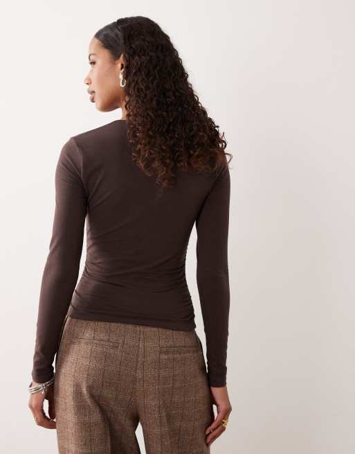 Abercrombie & Fitch long sleeve square neck seamless top in brown