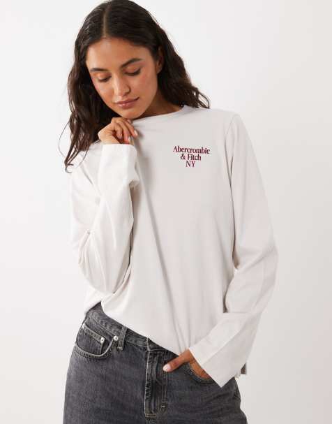 Abercrombie & Fitch long sleeve t-shirt with chest graphic in cream - view 1