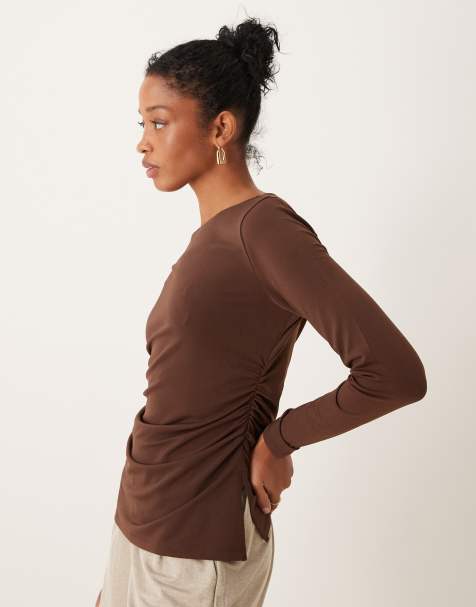 Abercrombie & Fitch long sleeve top with slash neck in brown - view 1