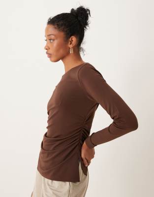 abercrombie & fitch long sleeve top with slash neck in brown