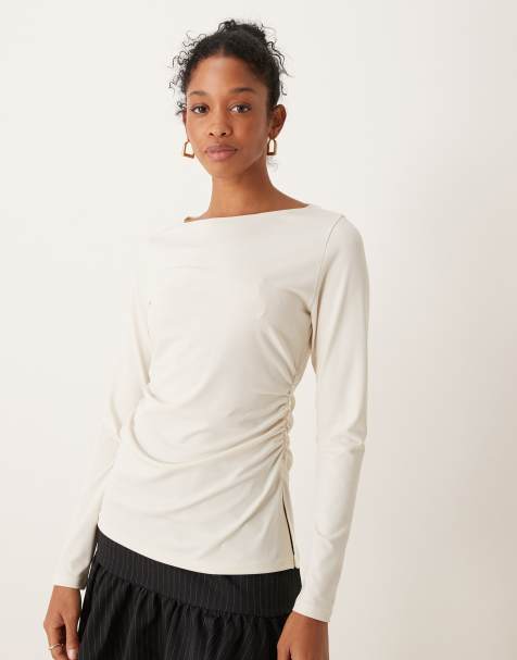 Abercrombie & Fitch long sleeve top with slash neck in cream - view 1