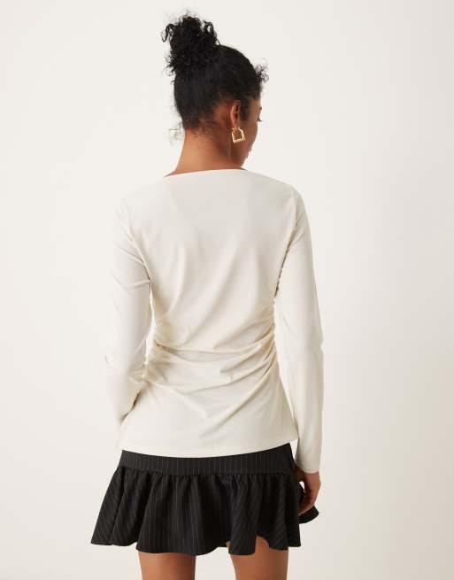 Abercrombie & Fitch long sleeve top with slash neck in cream