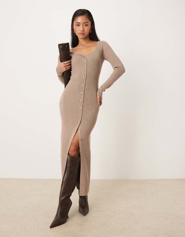 Abercrombie & Fitch long sleeve v neck fitted maxi dress in beige