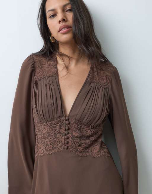 Abercrombie & Fitch long sleeve v neck mini dress with lace panel in brown, 3 of 5