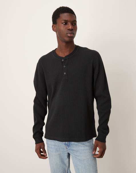 Abercrombie & Fitch long sleeve waffle henley top in black - view 1