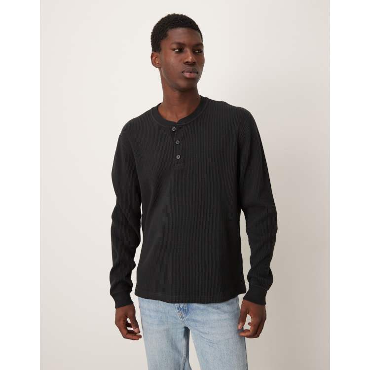 Abercrombie & Fitch long sleeve waffle texture henley top in black