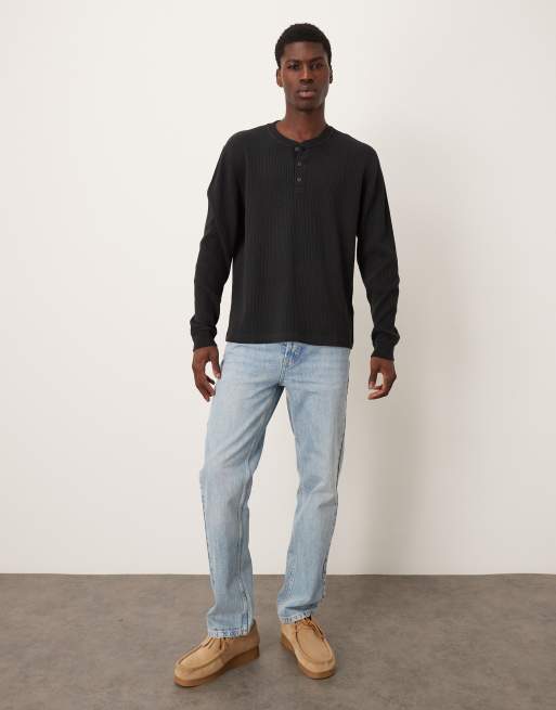 Abercrombie & Fitch long sleeve waffle texture henley top in black