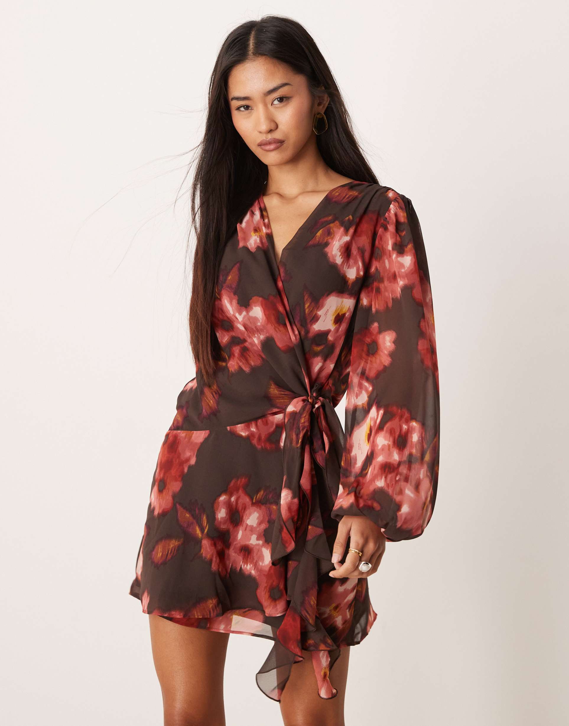 abercrombie & fitch long sleeve wrap mini dress in brown floral