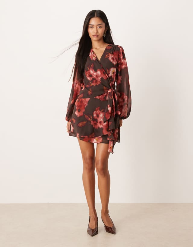 Abercrombie & Fitch long sleeve wrap mini dress in brown floral