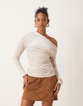 [Abercrombie & Fitch] Abercrombie & Fitch long sleeved off the shoulder top in cream velvet-White M Pumice stone