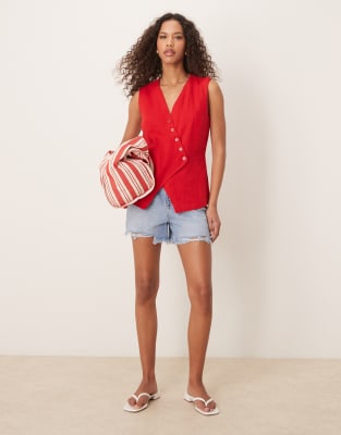 Abercrombie & Fitch Longline Asymmetric Linen Vest In Red
