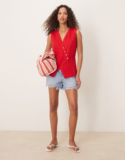 Abercrombie & Fitch longline asymmetric linen vest in salsa red, 2 of 4