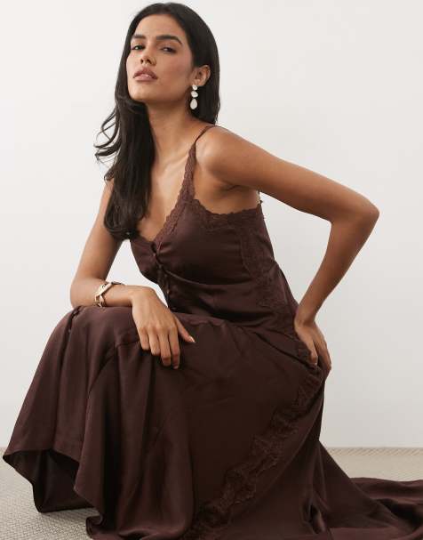 Abercrombie & Fitch longline button through cami slip in brown - view 1