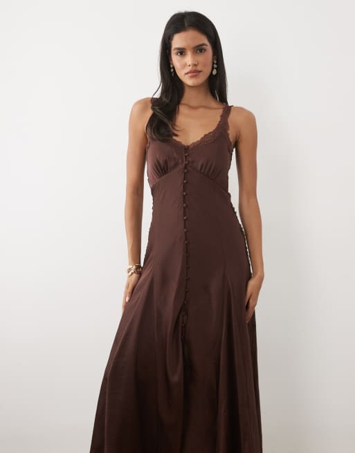 Abercrombie & Fitch longline button up cami slip in brown, 3 of 4