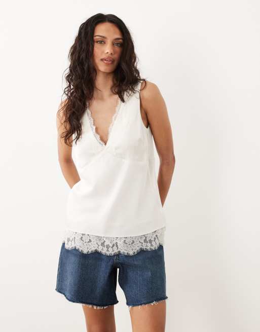 Abercrombie & Fitch – Longline-Camisole in Weiß mit Spitzensaum und V ...