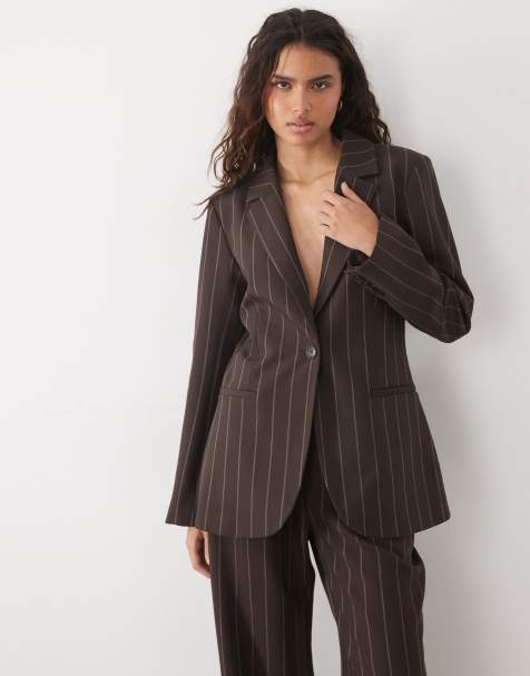 Abercrombie & Fitch longline cinched waist blazer in brown pinstripes - part of a set - view 1