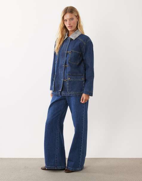 Abercrombie & Fitch longline denim barn jacket with plaid collar in blue - view 1