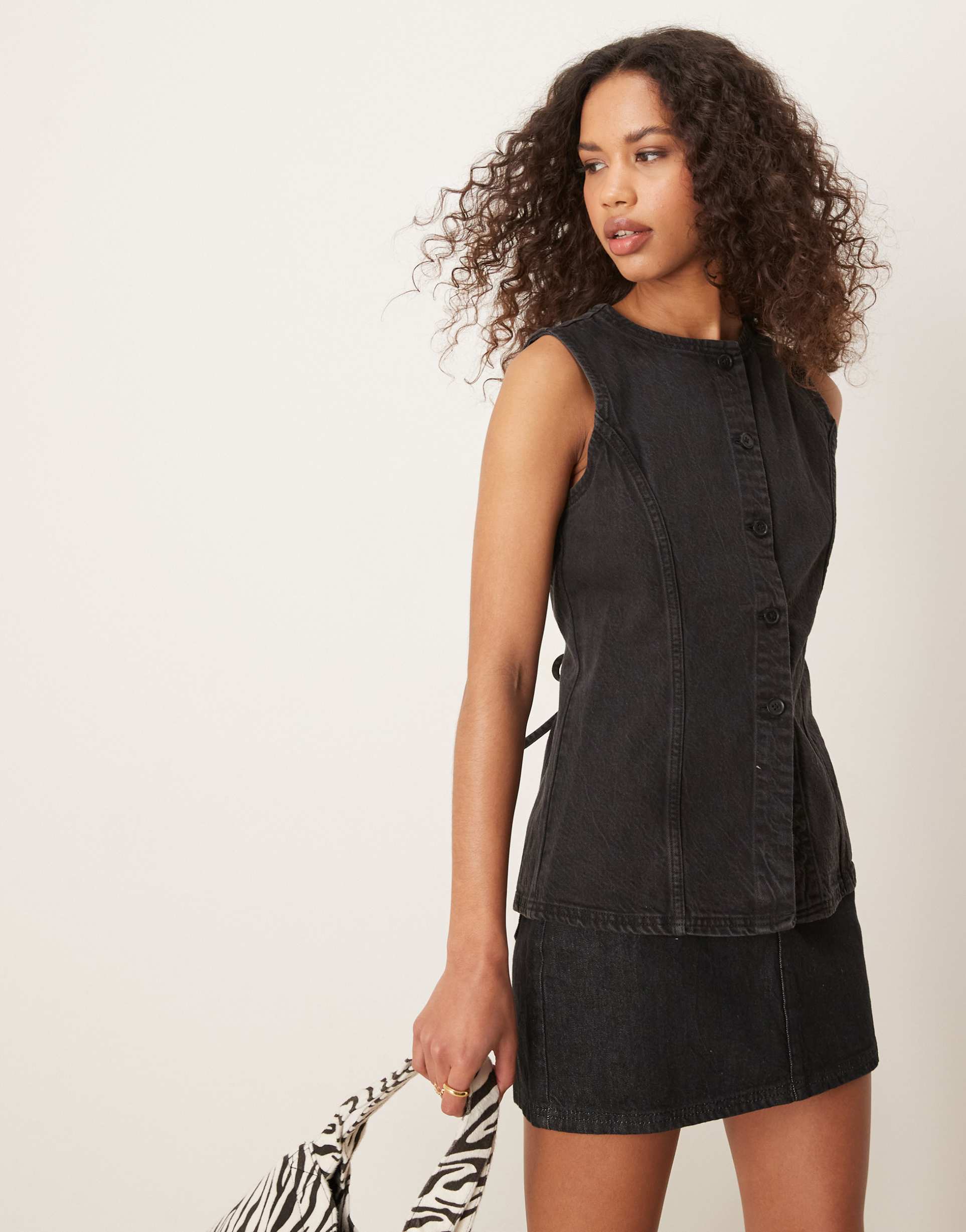 abercrombie & fitch longline denim vest in black