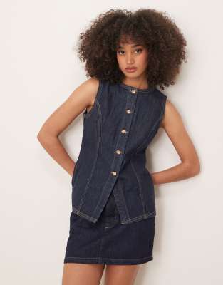 Abercrombie & Fitch Abercrombie & Fitch longline denim waistcoat in indigo wash-Navy
