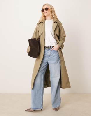 longline trench coat in khaki-Green