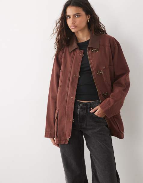 Abercrombie & Fitch longline worker jacket with clasp detail in brown - view 1
