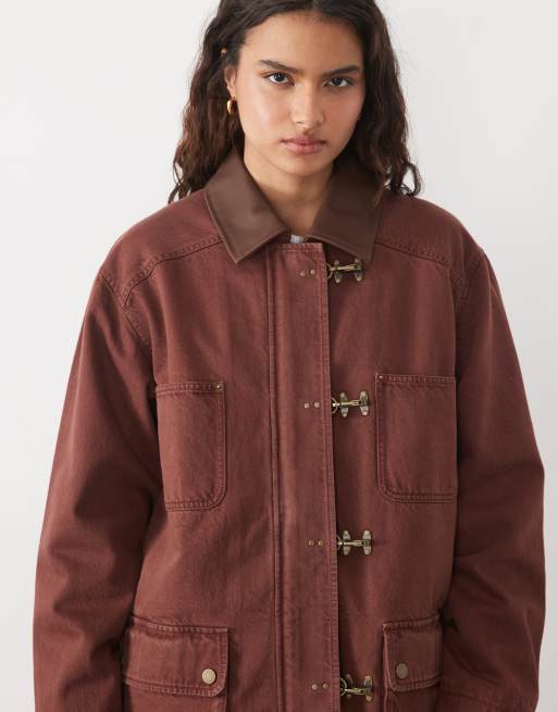 Abercrombie & Fitch longline worker jacket with clasp detail in brown, 3 of 4