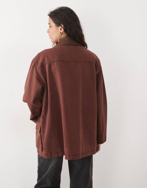 Abercrombie & Fitch longline worker jacket with clasp detail in brown, 4 of 4