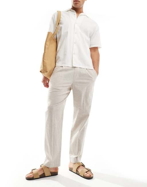 Abercrombie & Fitch - Losvallende geplooide broek van linnenmix met elastische taille in beige