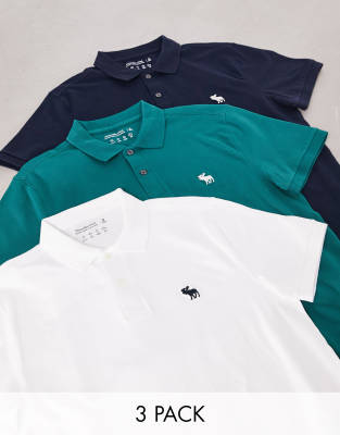 Abercrombie & Fitch 3 pack icon logo pique polo in white/green/navy - ASOS Price Checker