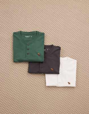 Abercrombie & Fitch - Lot de 3 t-shirts à col boutonné et logo emblématique - Noir/vert/blanc-Multicolore