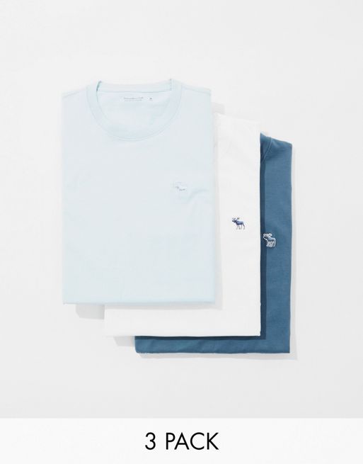 Abercrombie & Fitch - Lot de 3 t-shirts avec logo emblématique - Bleus/blanc
