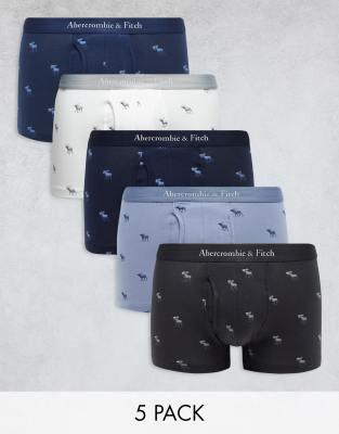 Abercrombie & Fitch 5 pack all over icon logo trunks in blues - ASOS Price Checker