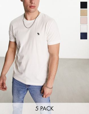 Abercrombie & Fitch 5 pack icon logo t-shirt in beige/white/pink/blue/black - ASOS Price Checker