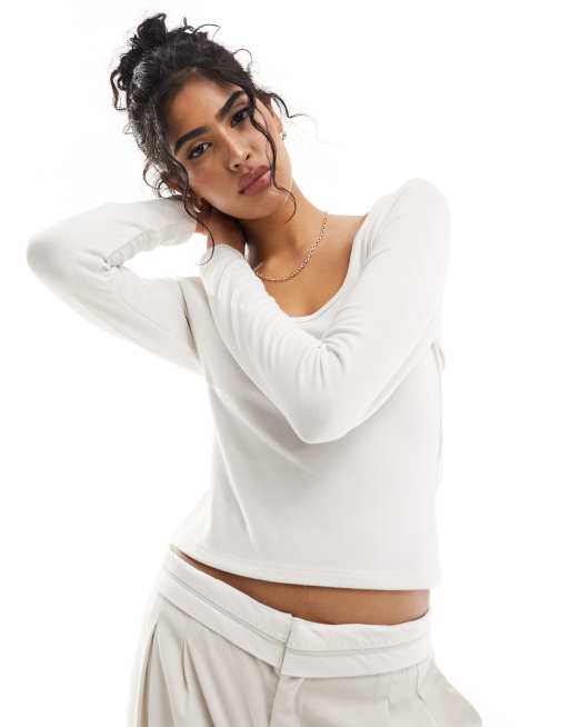 NYX Professional Makeup lounge jersey scoop neck long sleeve top in off white