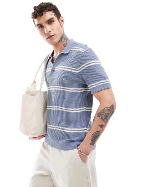Abercrombie & Fitch – Luftiges Polohemd aus Strickmaterial in Mittelgrau gestreift mit offenem Kragen - view 1