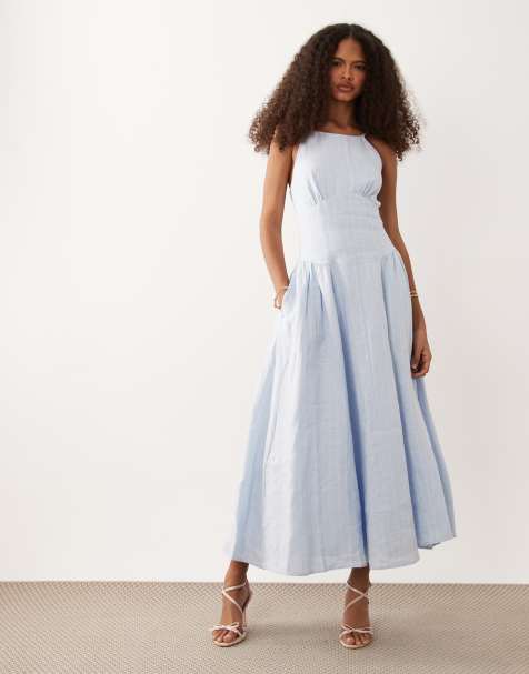 Abercrombie & Fitch - Lyseblå højhalset maxikjole i hørblanding og lavtsiddende talje - view 1