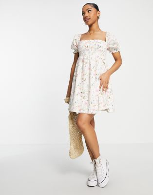 Abercrombie & Fitch - Lyserød minikjole med pufærmer og smock-design