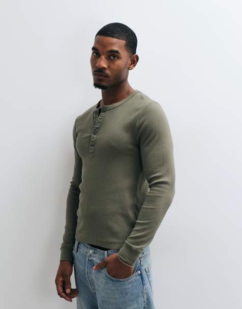 Abercrombie & Fitch maglia serafino a maniche lunghe a coste slim fit color khaki - view 1