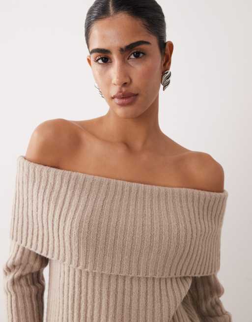 Abercrombie & Fitch - Maglione con scollo risvoltato e spalle scoperte color avena, 4 di 4