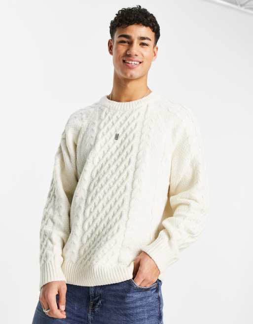 Abercrombie & Fitch - Maglione girocollo lavorato a trecce Aran, colore crema