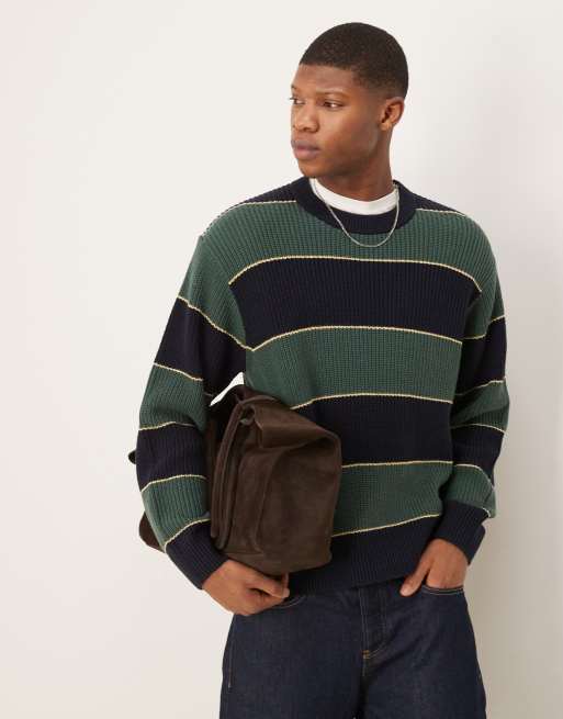 Abercrombie & Fitch - Maglione girocollo verde multicolore con righe a contrasto