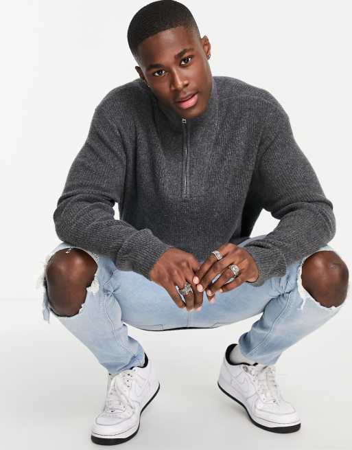 Abercrombie & Fitch - Maglione in maglia soffice grigia con zip corta
