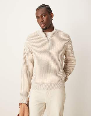 Abercrombie & Fitch - Maglione oversize color crema con cuciture rigate e zip corta